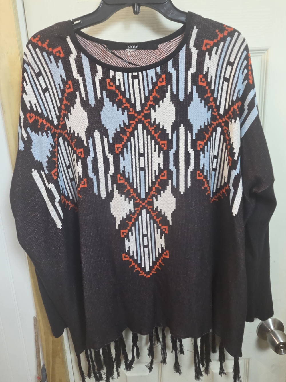 Kensie Black Sweater Fringe Aztec Motif